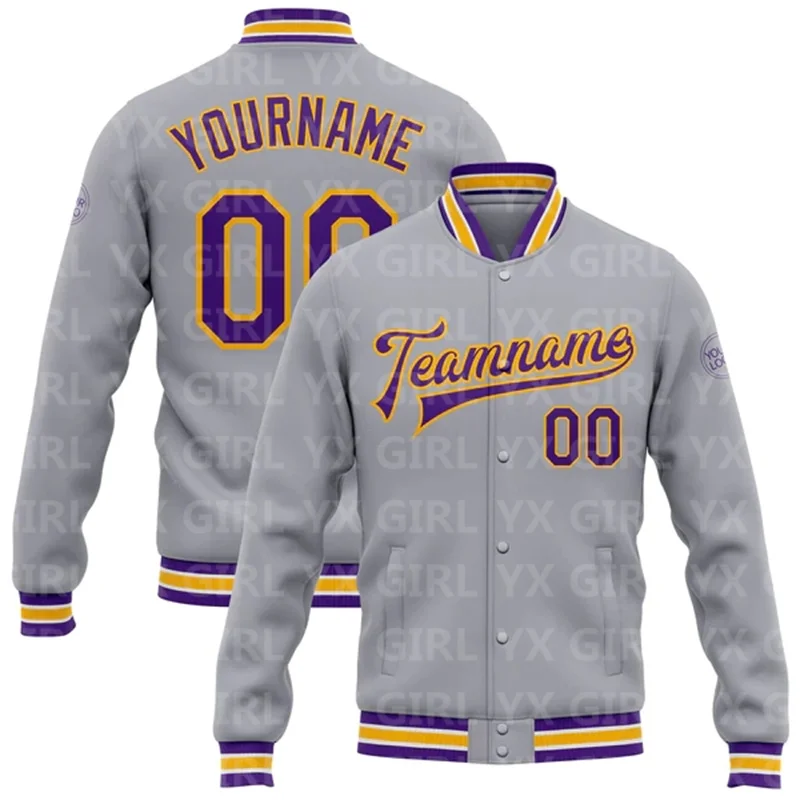 Custom Gray Purple-Gold Bomber Full-Snap Varsity Letterman Jacket 3D Printed Baseball Button Jacket
Custom Gray Purple-Gold Bomber Full-Snap Varsity Letterman Jacket 3D Printed Baseball Button Jacket