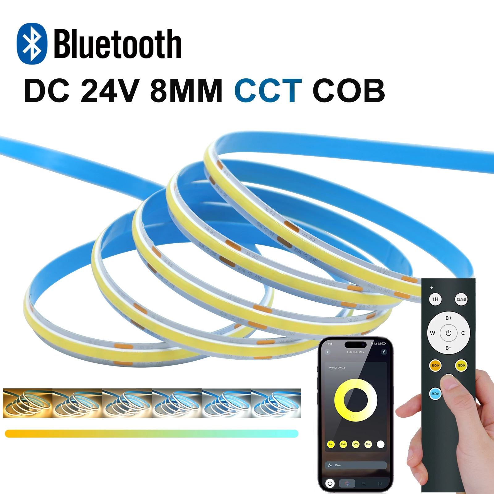 24 В Bluetooth CCT COB Светодиодная лента 2700K-6500K RA90 с регулируемой яркостью 576 светодиодов/м Светодиодная панель с дистанционным управлением/приложением Декор шкафа для комнаты
24 В Bluetooth CCT COB Светодиодная лента 2700K-6500K RA90 с регулируемой яркостью 576 светодиодов/м Светодиодная панель с дистанционным управлением/приложением Декор шкафа для комнаты