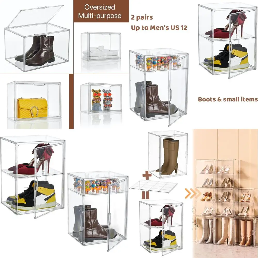 2-Piece Clear Acrylic Shoe Display Cases with Adjustable Dividers and Stackable Plastic Storage Bins
2-Piece Clear Acrylic Shoe Display Cases with Adjustable Dividers and Stackable Plastic Storage Bins