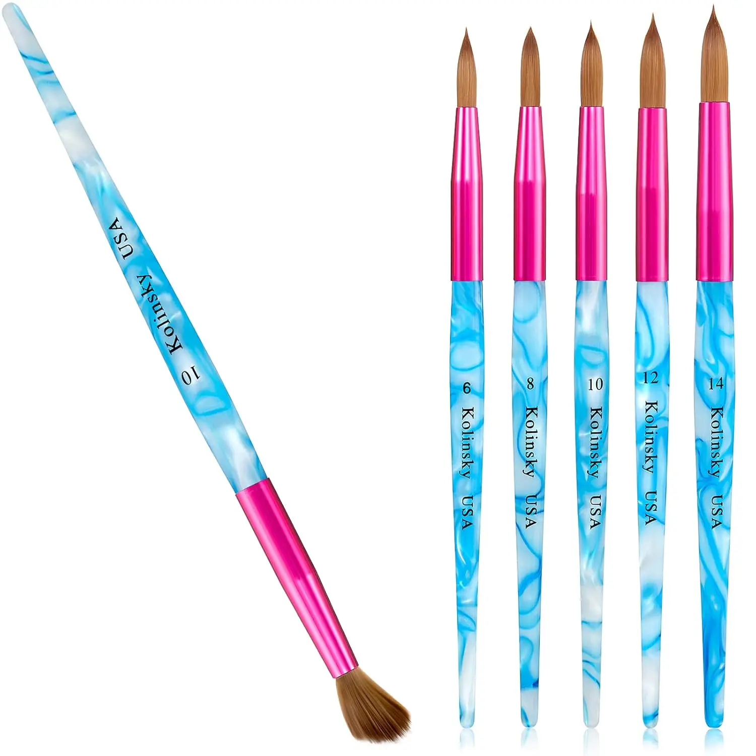 5Pcs Kolinsky Nail Art Brush Set, Acrylic Application Brushes with Crimped Handle, Sizes 6-14 for Manicure (Pink/Blue/White)
5Pcs Kolinsky Nail Art Brush Set, Acrylic Application Brushes with Crimped Handle, Sizes 6-14 for Manicure (Pink/Blue/White)