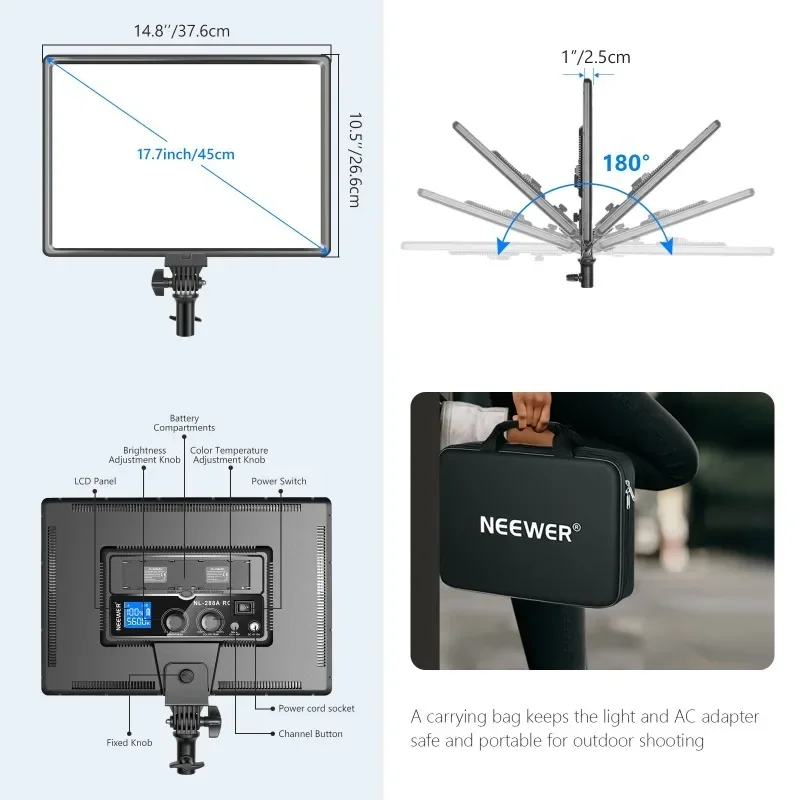 NL288 LED video light with 2.4G remote control, adjustable fill light, dual color soft light panel suitable for photography
NL288 LED video light with 2.4G remote control, adjustable fill light, dual color soft light panel suitable for photography