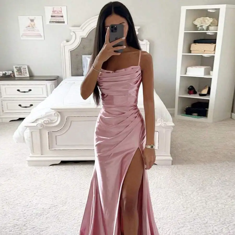 Pink Satin Mermaid Evening Dress With High Slit And Draped Detail
Pink Satin Mermaid Evening Dress With High Slit And Draped Detail