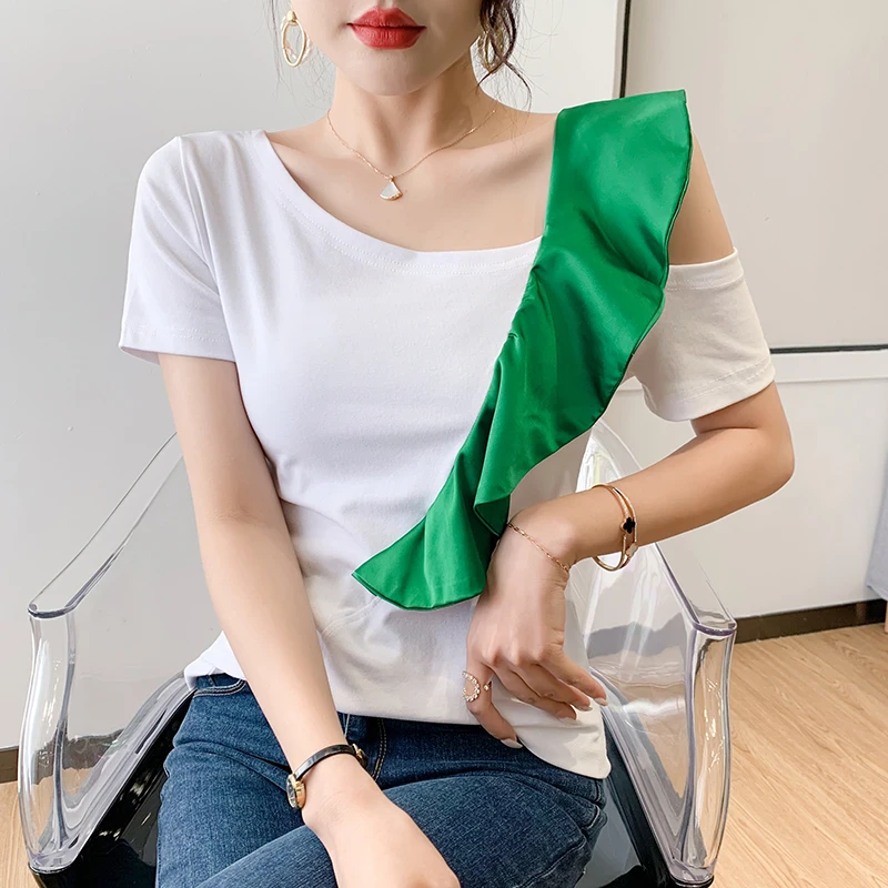 2024 New Summer European Clothes Cotton T-Shirt Sexy Dissymmetry Skew Collar Ruffles Women's Tops Short Sleeve 2024 Tees 9167
2024 New Summer European Clothes Cotton T-Shirt Sexy Dissymmetry Skew Collar Ruffles Women's Tops Short Sleeve 2024 Tees 9167