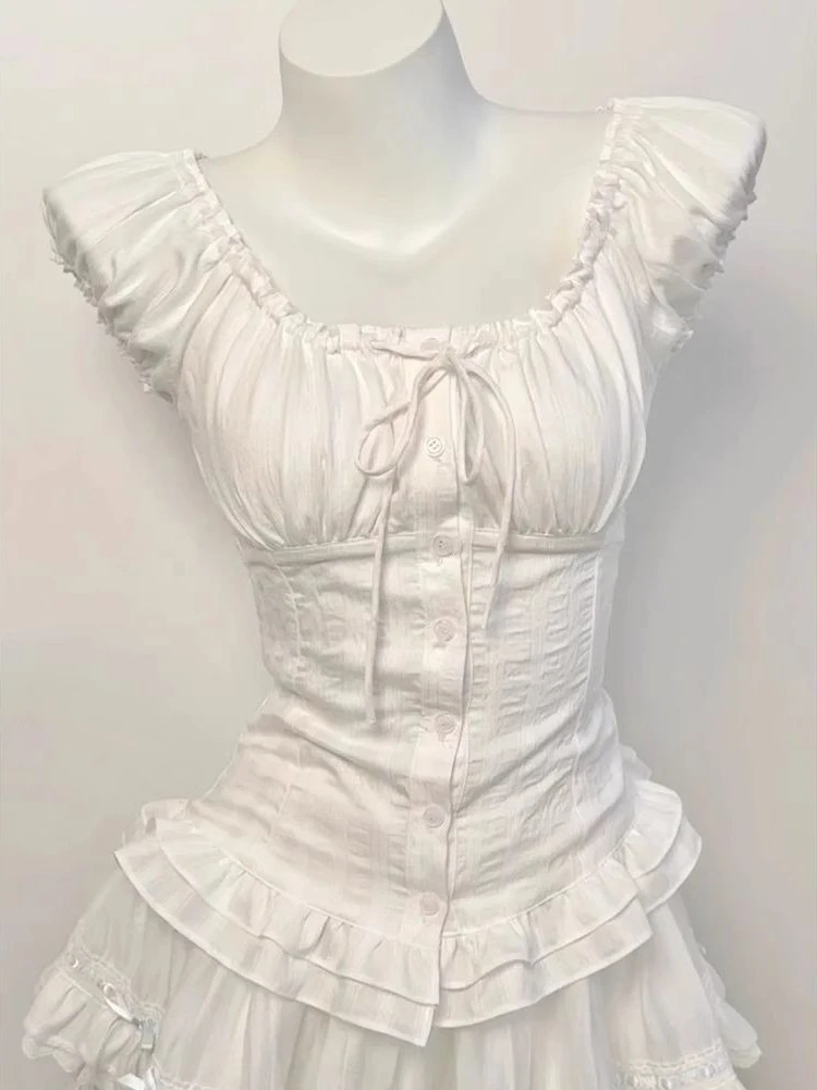 Deeptown Elegant Sweet White Blouses Women Sexy Square Collar Bow Crop Tops Vintage French Style Short Sleeve Ruffle Shirts
Deeptown Elegant Sweet White Blouses Women Sexy Square Collar Bow Crop Tops Vintage French Style Short Sleeve Ruffle Shirts