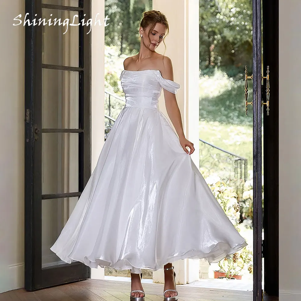ShiningLight White Satin A Line Wedding Dress Off The Shoulder Pleats Women Simple Elegant Ankle-Length Bride Dresses Customized
ShiningLight White Satin A Line Wedding Dress Off The Shoulder Pleats Women Simple Elegant Ankle-Length Bride Dresses Customized