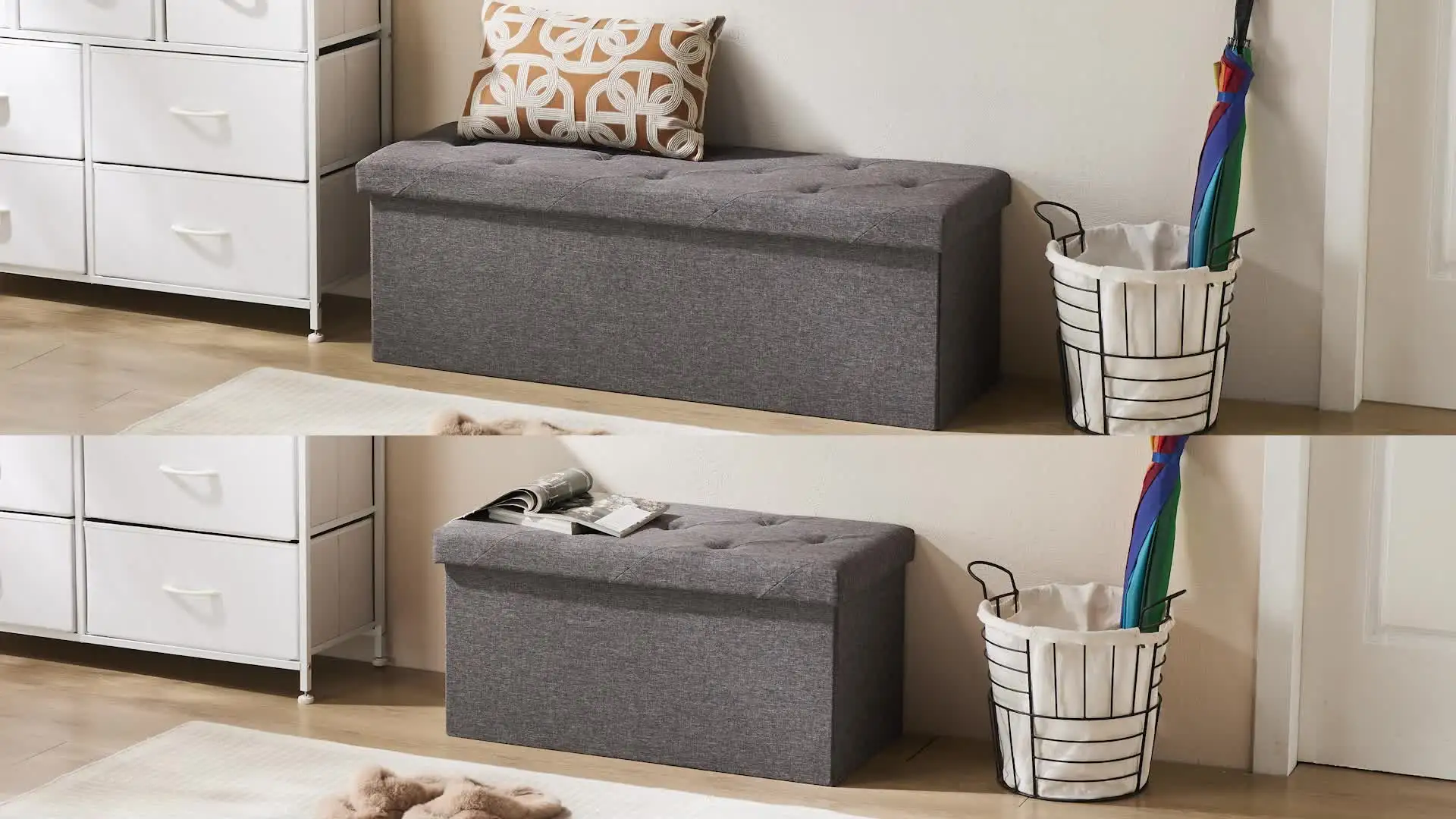 JHK 43 Inches Leather Folding Ottoman Storage Footstool Toy Box Bedroom Bench Load 660 lbs Foot Rest Stool For Living Room