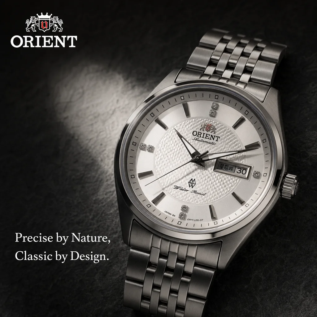 ORIENT Men Dual Calendar Automatic Watch Week Display Crystal Markers Stainless Steel Business Wristwatch
ORIENT Men Dual Calendar Automatic Watch Week Display Crystal Markers Stainless Steel Business Wristwatch