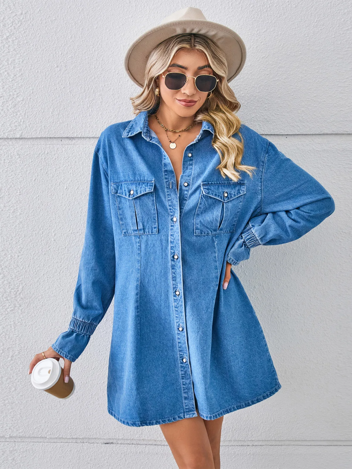 Faionable Casual Denim Dr Women's Loose Fit Spring Summer Long Sve Button up l Waist Pure Color Stand Fit
Faionable Casual Denim Dr Women's Loose Fit Spring Summer Long Sve Button up l Waist Pure Color Stand Fit