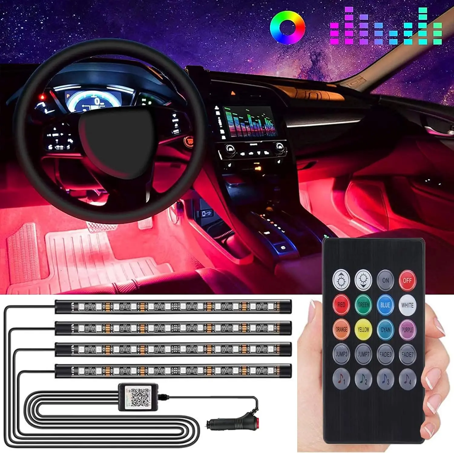 Car LED Interior Lights, 4-in-1 48 LED RGB Remote Controlled Car LED Strip Light with Cigarette Lighter Adapter
Car LED Interior Lights, 4-in-1 48 LED RGB Remote Controlled Car LED Strip Light with Cigarette Lighter Adapter