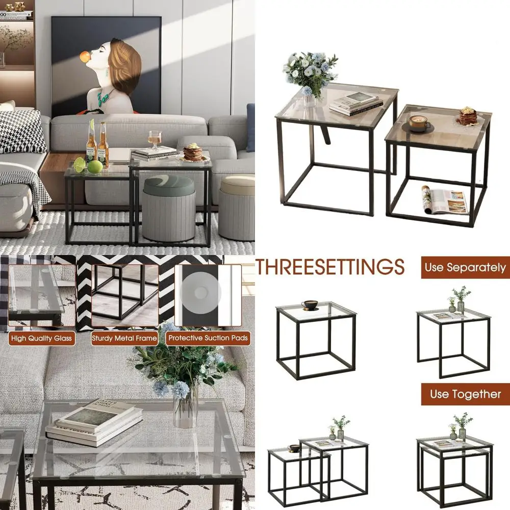 Modern Glass Nesting Tables Set of 2, Metal Square Coffee Table, Ideal for Living Room, Bedroom, and Compact Spaces, 19.7in Blac
Modern Glass Nesting Tables Set of 2, Metal Square Coffee Table, Ideal for Living Room, Bedroom, and Compact Spaces, 19.7in Blac