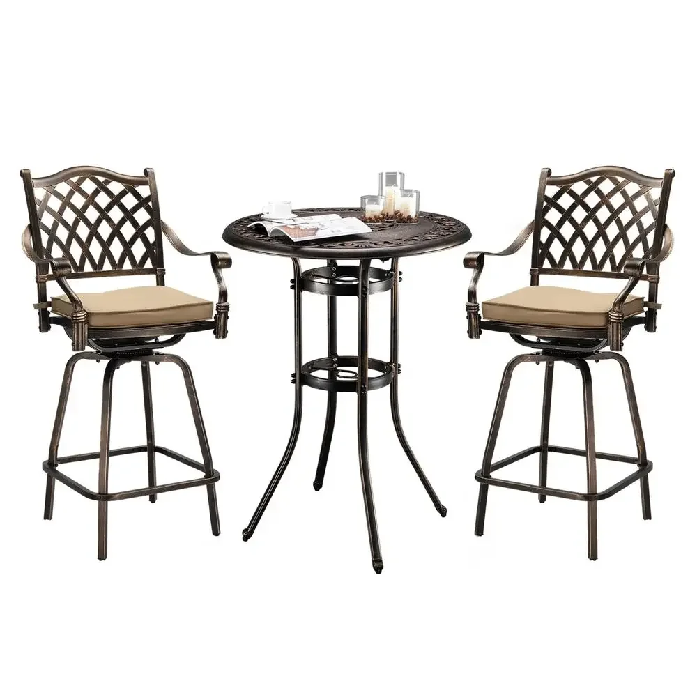 3 Piece Outdoor Patio Bar Set, Cast Aluminum Outdoor Swivel Bar Stools and Table w Umberlla Hole, AllWeather Outdoor Bar Table
3 Piece Outdoor Patio Bar Set, Cast Aluminum Outdoor Swivel Bar Stools and Table w Umberlla Hole, AllWeather Outdoor Bar Table