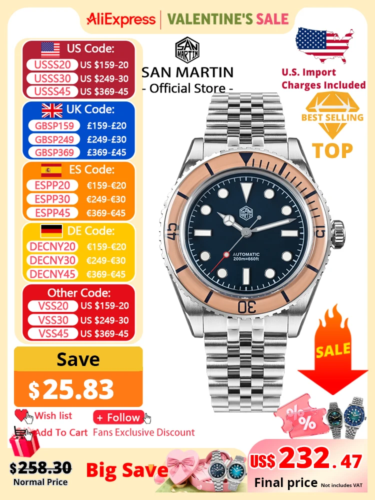San Martin винтажные роскошные мужские часы для дайвинга 40 мм NH35 автоматический механический сапфировый безель J-образный браслет водонепроницаемый 200 м SN0133
San Martin винтажные роскошные мужские часы для дайвинга 40 мм NH35 автоматический механический сапфировый безель J-образный браслет водонепроницаемый 200 м SN0133