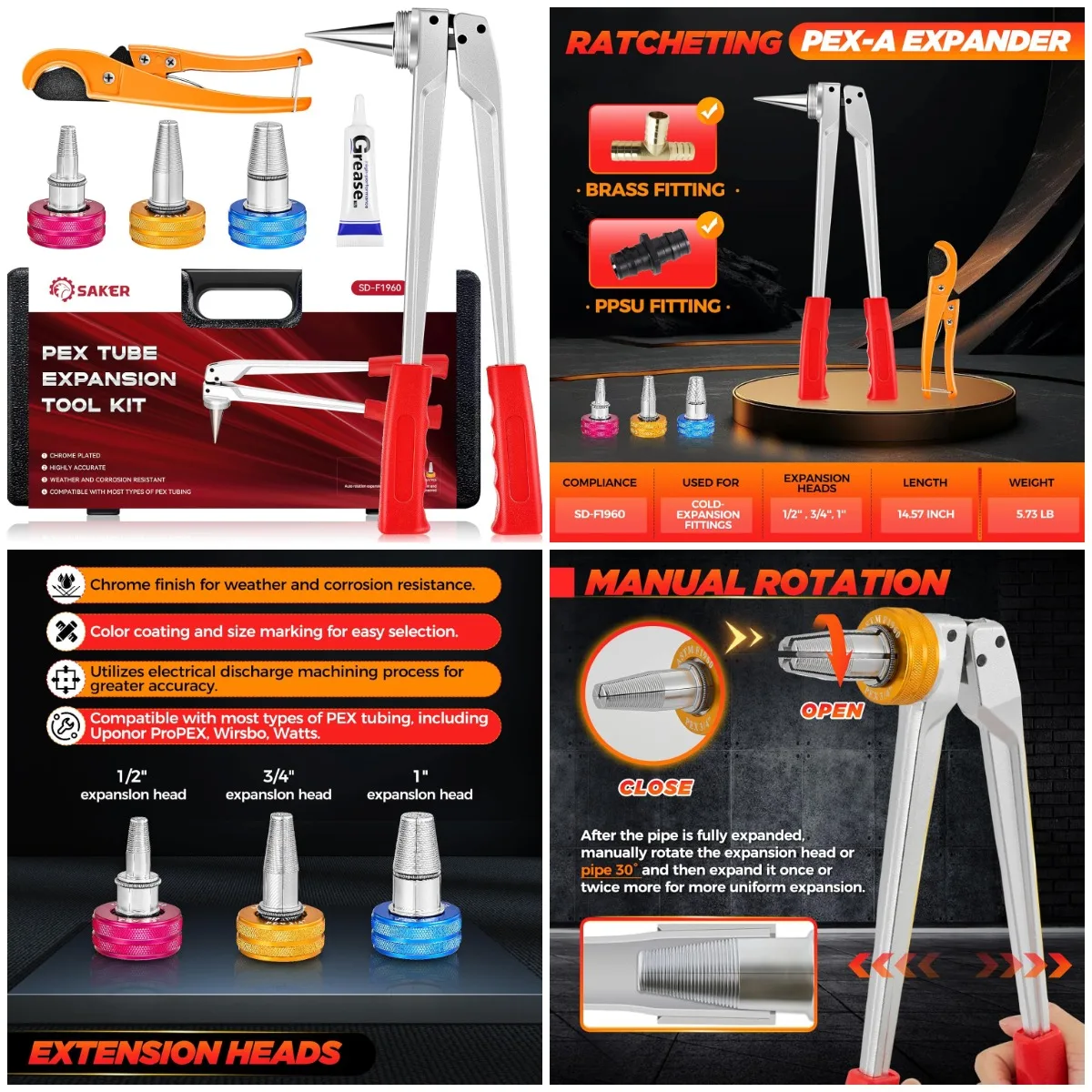 PEX Tube Expansion Tool Kit 1/2'', 3/4'', 1'' Heads Manual Expander SD-F1960
PEX Tube Expansion Tool Kit 1/2'', 3/4'', 1'' Heads Manual Expander SD-F1960