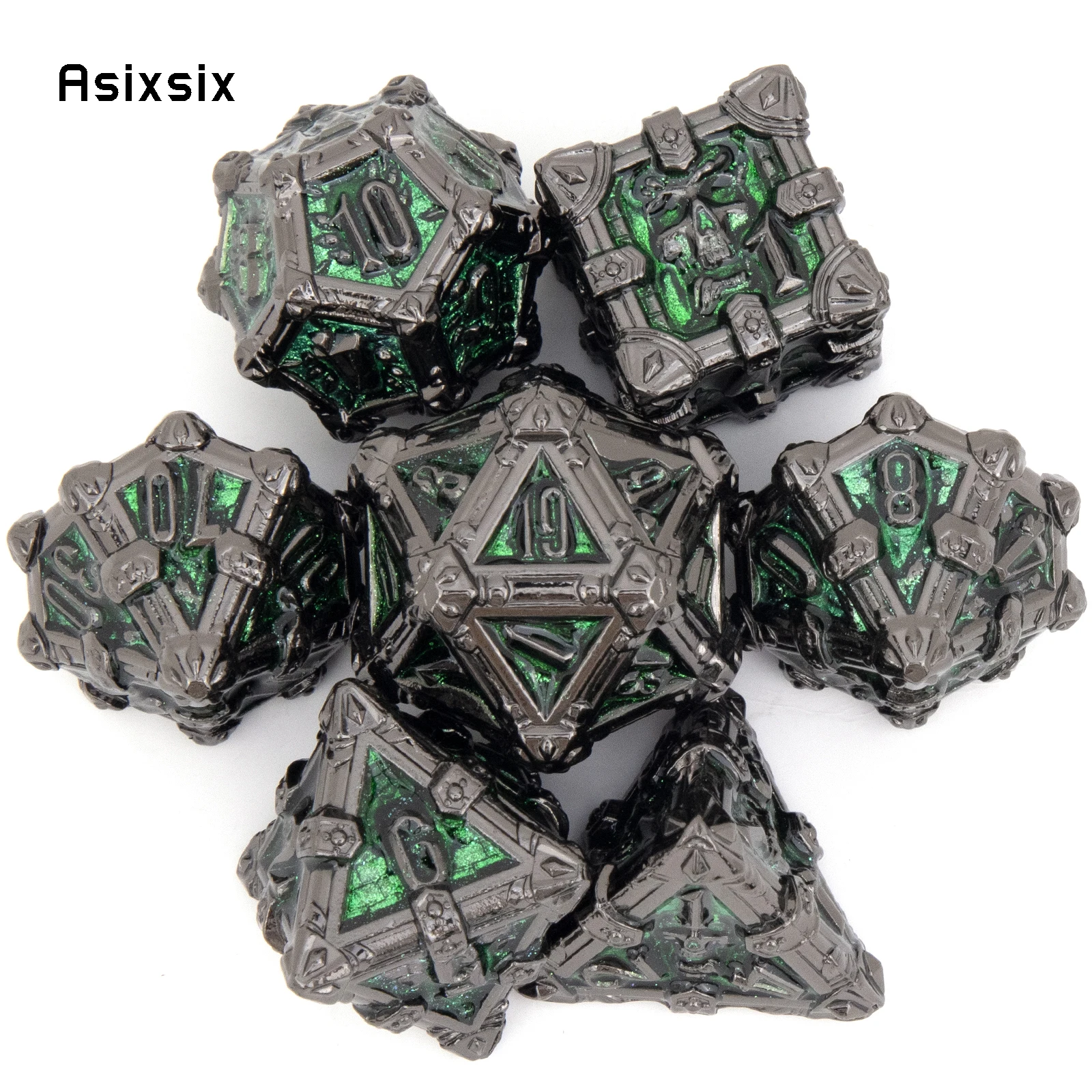 Metal Dice Perfect for Tabletop Rpgs and Card Games 7 Pcs Silver Green Skull Dice Solid Metal Polyhedral Dice Role-Playing RPG
Metal Dice Perfect for Tabletop Rpgs and Card Games 7 Pcs Silver Green Skull Dice Solid Metal Polyhedral Dice Role-Playing RPG