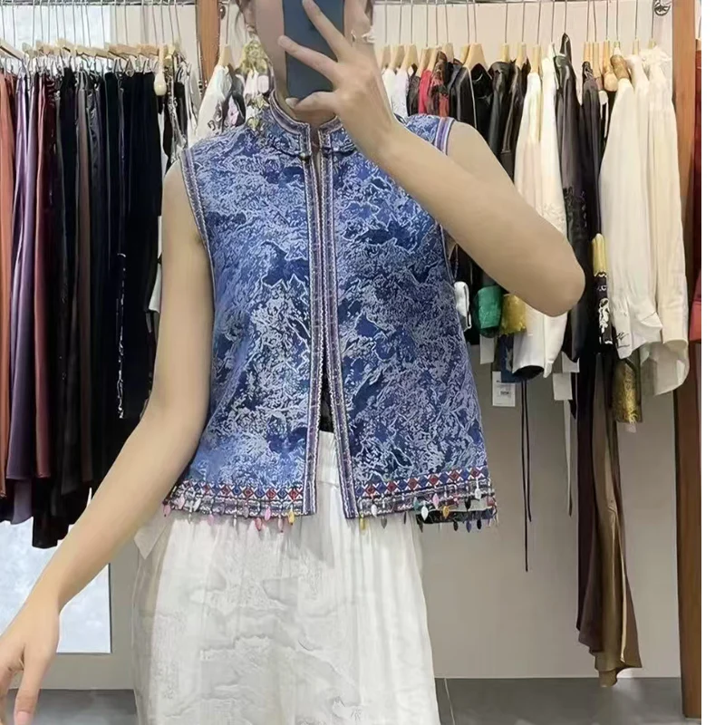 Spring New O-Neck Custom Fabric Enamel Colored Glaze Blue and White Porcelain Jacquard+Tassel Handmade Button Women's Vest S-XL
Spring New O-Neck Custom Fabric Enamel Colored Glaze Blue and White Porcelain Jacquard+Tassel Handmade Button Women's Vest S-XL