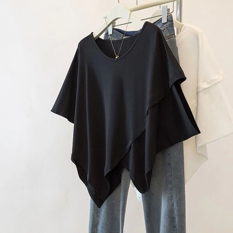 Summer Women V Neck Batwing Sleeve T Shirt Hem Irregular Korean Fashion Simple All-match Loose Clothing Black White Daily School
Summer Women V Neck Batwing Sleeve T Shirt Hem Irregular Korean Fashion Simple All-match Loose Clothing Black White Daily School
