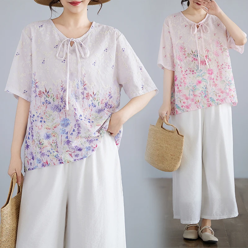 Elegant Slimming Floral Embroidered Cotton Linen Spring Summer Thin T-Shirt Women's round Neck Tie Top Fashionable Casual Wear
Elegant Slimming Floral Embroidered Cotton Linen Spring Summer Thin T-Shirt Women's round Neck Tie Top Fashionable Casual Wear