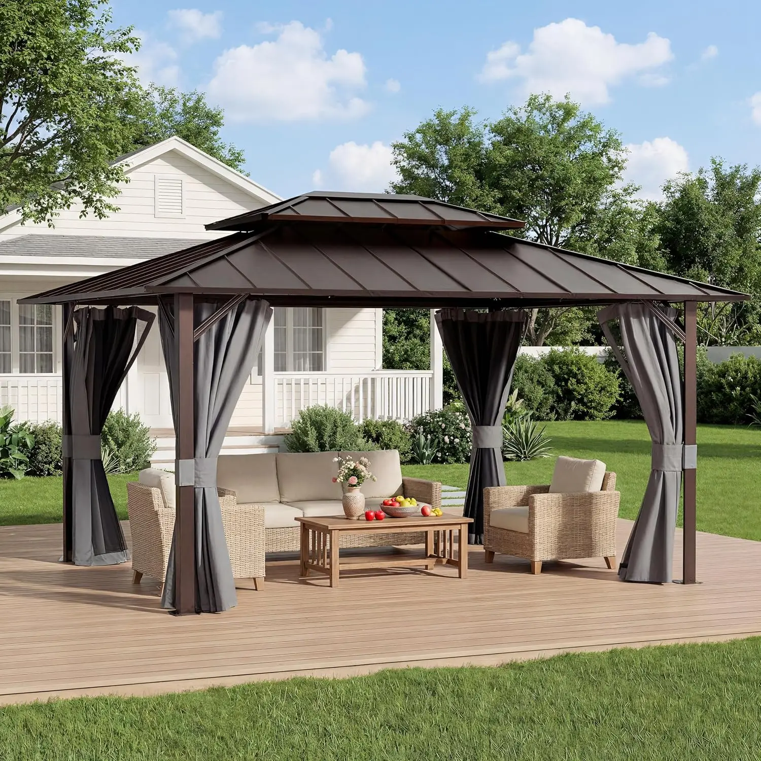 10x12 Hardtop Aluminum Frame Double Galvanized Steel Roof Gazebo with Netting & Curtain for Patio Backyard Deck, Customized
10x12 Hardtop Aluminum Frame Double Galvanized Steel Roof Gazebo with Netting & Curtain for Patio Backyard Deck, Customized