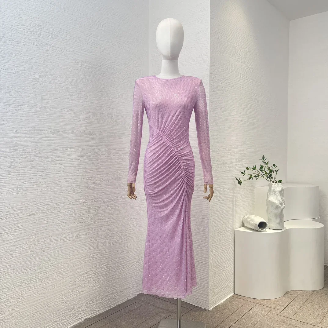 New Pink Rhinestone-studded Mesh Gathered Midi Dress Long Sleeves Flared Split Hem Elegant Women Clothes for Party
New Pink Rhinestone-studded Mesh Gathered Midi Dress Long Sleeves Flared Split Hem Elegant Women Clothes for Party