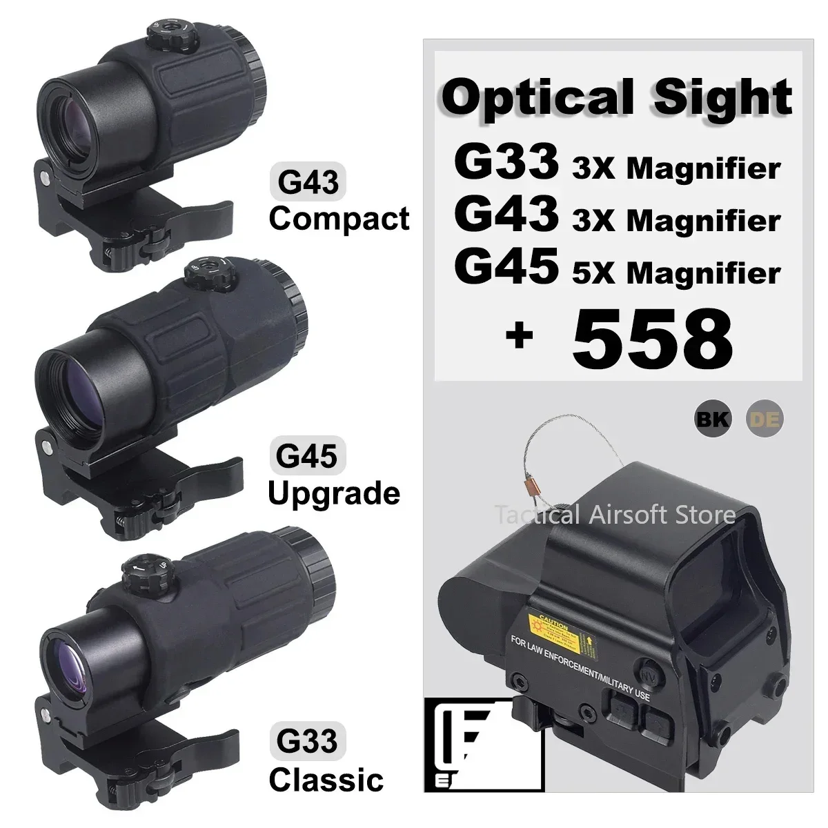 G43/G45/G33 3X 5-кратная лупа, оптический прицел с откидной стороной, крепление на рейку Пикатинни QD-Lever 558, прицел с красной точкой, тактический охотничий отражатель
G43/G45/G33 3X 5-кратная лупа, оптический прицел с откидной стороной, крепление на рейку Пикатинни QD-Lever 558, прицел с красной точкой, тактический охотничий отражатель