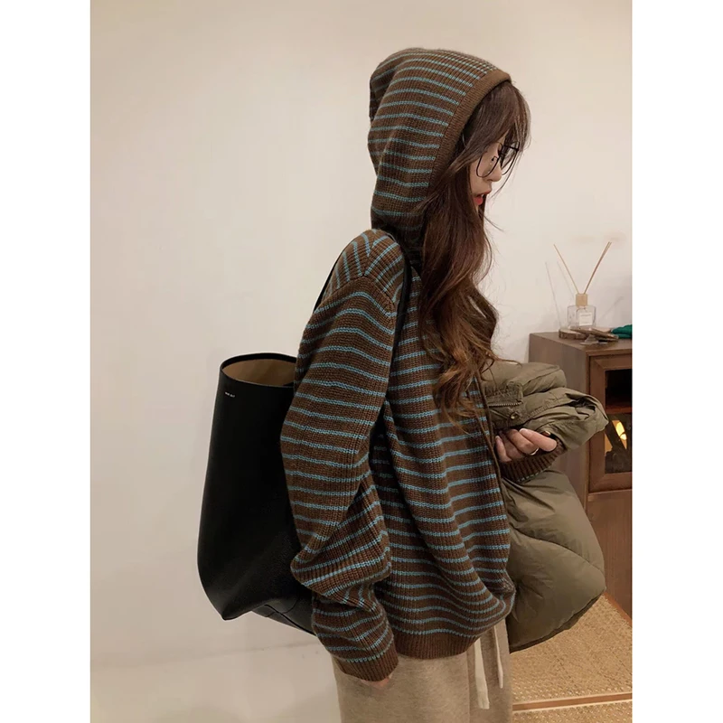 Loose Women's Knitted Sweater with Hat Spring Autumn Thickened Lazy Striped Design Casual Fashion Outerwear Long Sleeve
Loose Women's Knitted Sweater with Hat Spring Autumn Thickened Lazy Striped Design Casual Fashion Outerwear Long Sleeve
