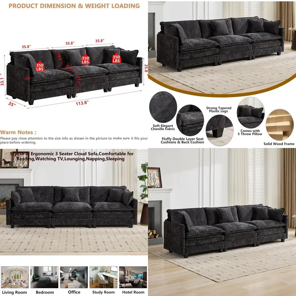 Sectional 3 Seater Deep Seat Chenille Sofa for Living Room or Bedroom, Black
Sectional 3 Seater Deep Seat Chenille Sofa for Living Room or Bedroom, Black