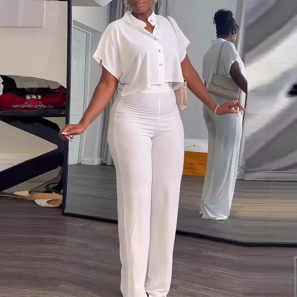 Women 2pcs Clothes Set Solid Color Short Sleeve Single Breasted Button Top & High Waist Wide Leg Loose Pants
Women 2pcs Clothes Set Solid Color Short Sleeve Single Breasted Button Top & High Waist Wide Leg Loose Pants