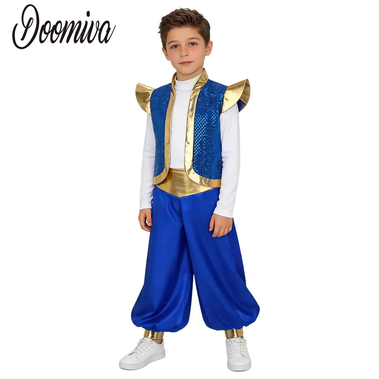 Boys Arabian Prince Cosplay Outfit Aladins Costume Sequin Vest Waistcoat with Lantern Pants Set for Halloween Carnivals Dress Up
Boys Arabian Prince Cosplay Outfit Aladins Costume Sequin Vest Waistcoat with Lantern Pants Set for Halloween Carnivals Dress Up