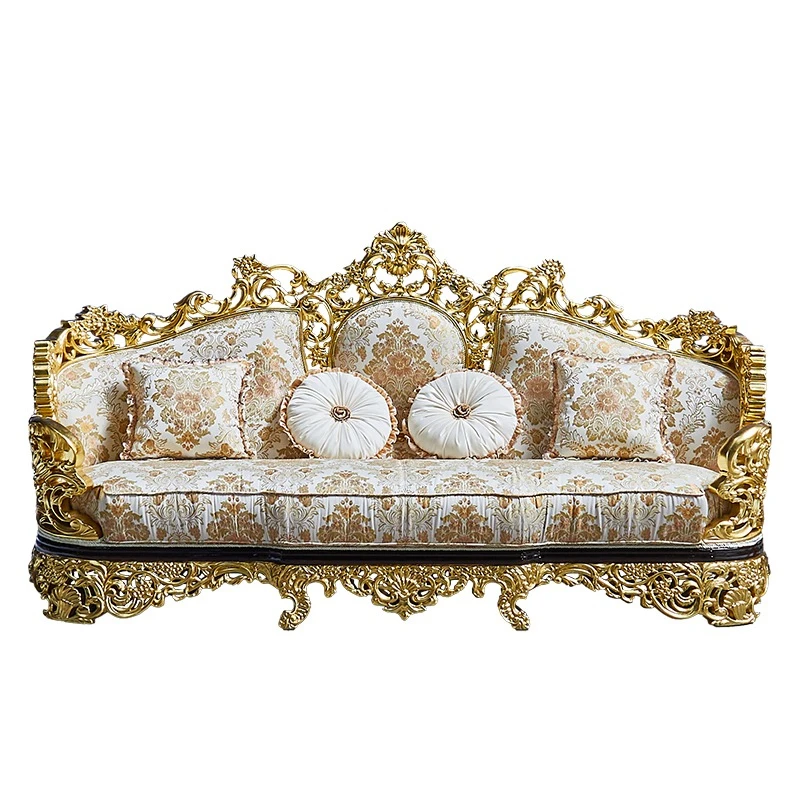 French luxury full solid wood carving flower sticker gold foil fabric high-end sofa set
French luxury full solid wood carving flower sticker gold foil fabric high-end sofa set