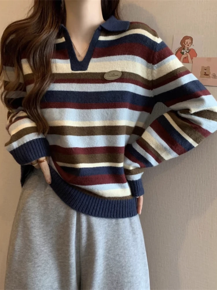 2025 Fashion Vintage Pullovers Oversized Turn Down Collar Long Sleeve Striped Contrast Color Sweaters All Match Women's Clothing
2025 Fashion Vintage Pullovers Oversized Turn Down Collar Long Sleeve Striped Contrast Color Sweaters All Match Women's Clothing