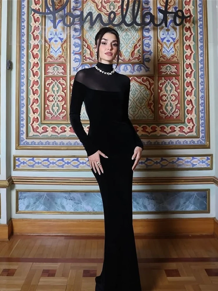 Элегантное женское длинное платье с высоким воротником и сетчатыми вставками, бархатное, облегающее, с завышенной талией, для вечерних мероприятий, выпускных, вечеринок и клубов
Элегантное женское длинное платье с высоким воротником и сетчатыми вставками, бархатное, облегающее, с завышенной талией, для вечерних мероприятий, выпускных, вечеринок и клубов