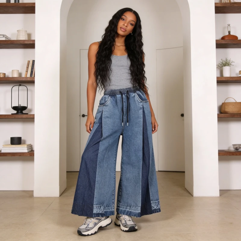 Jeans Women Wide Leg Pants Washed Vintage Ankle Length Trousers Drawstring Elastic Waist Patchwork Distressed Streetwear Denims
Jeans Women Wide Leg Pants Washed Vintage Ankle Length Trousers Drawstring Elastic Waist Patchwork Distressed Streetwear Denims