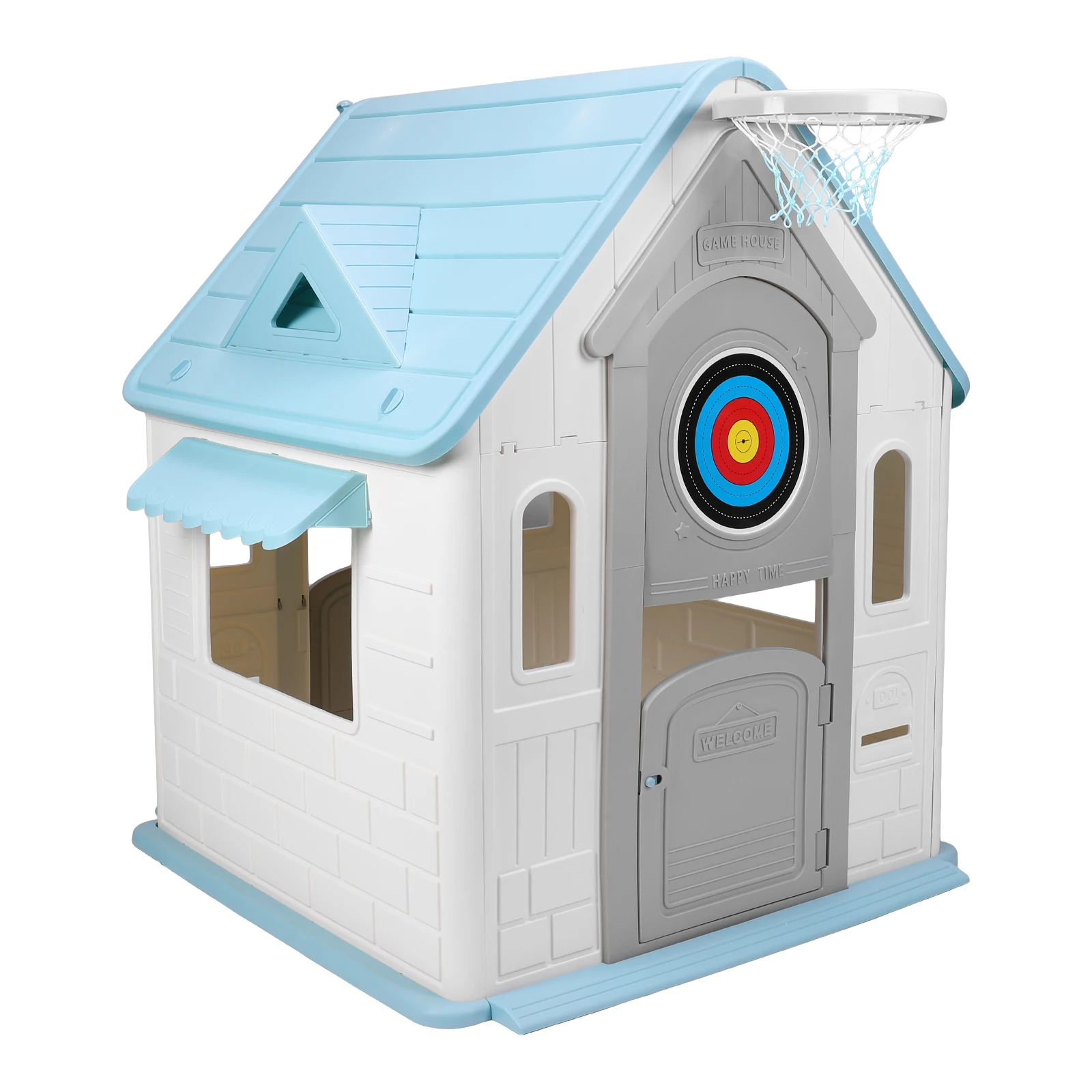 Kids Playhouse with Basketball Hoop Dartboard Garden Games Cottage (Light Blue)
Kids Playhouse with Basketball Hoop Dartboard Garden Games Cottage (Light Blue)
