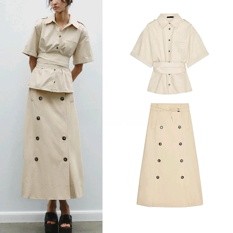 High Waist irt And Skirt Set with Button Decor ort Sve Collar Long Pants Belt Bule Decorated Faion Ensemble
High Waist irt And Skirt Set with Button Decor ort Sve Collar Long Pants Belt Bule Decorated Faion Ensemble