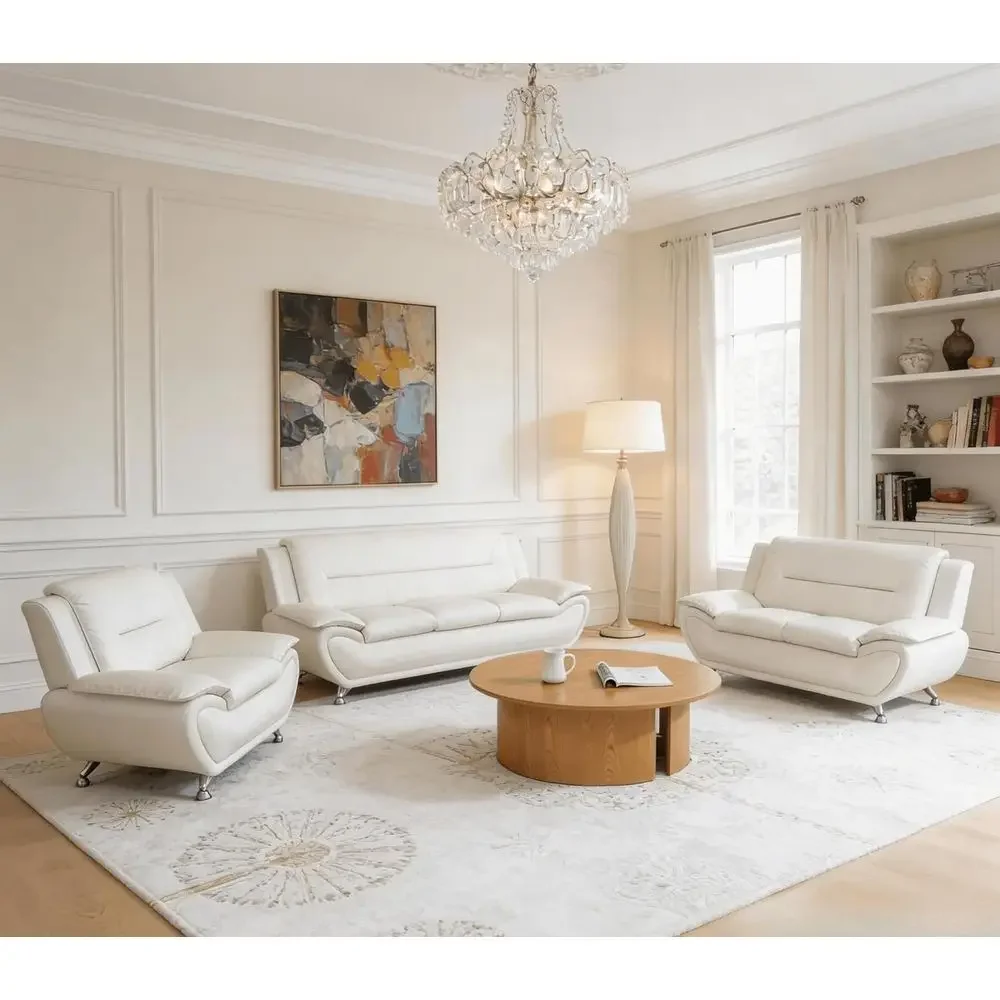 3-Piece Cream White Leather Sofa Set: 3-Seater Sofa, Loveseat, and Armchair
3-Piece Cream White Leather Sofa Set: 3-Seater Sofa, Loveseat, and Armchair