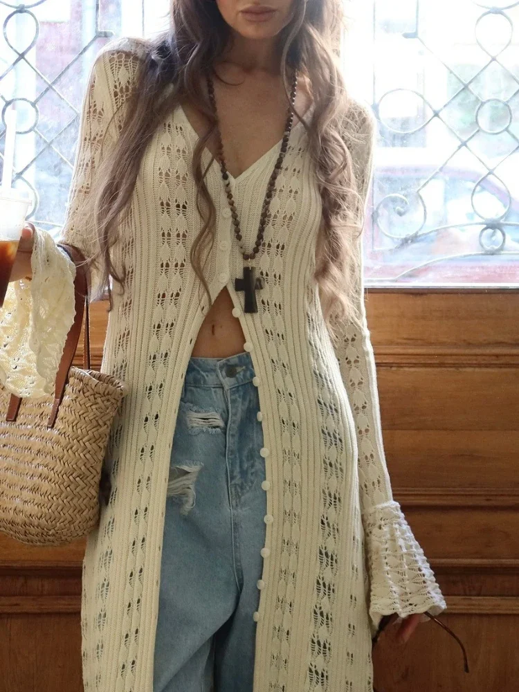 French-style Vacation-style Open-front Blouse with Wide Sleeves, Fitted At The Waist and Elongated Style, Knitted Fabric Shirt
French-style Vacation-style Open-front Blouse with Wide Sleeves, Fitted At The Waist and Elongated Style, Knitted Fabric Shirt