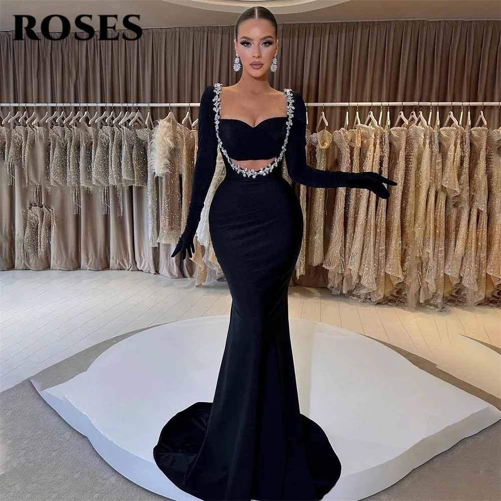 ROSES Black Prom Dress Off Shoulder Full Sleeve Gala Dress Mermaid Satin Saudi Arabic Crystal Trim Evening Party Gown Customized
ROSES Black Prom Dress Off Shoulder Full Sleeve Gala Dress Mermaid Satin Saudi Arabic Crystal Trim Evening Party Gown Customized