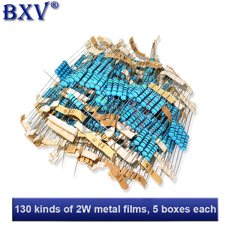 130Values X 5pcs 650PCS/Set 2W Metal Film Resistor 1% 100R 220R 1K 2.2K 4.7K 10K 22K 47K 100K 2K2 4K7 Resistors Assorted Kit BXV
130Values X 5pcs 650PCS/Set 2W Metal Film Resistor 1% 100R 220R 1K 2.2K 4.7K 10K 22K 47K 100K 2K2 4K7 Resistors Assorted Kit BXV