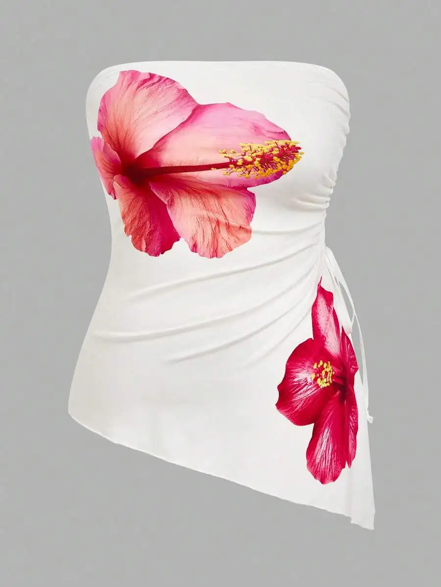 Plus Size Women Casual Strapless Pleated Asymmetric Hem Blouse With Large Floral Print
Plus Size Women Casual Strapless Pleated Asymmetric Hem Blouse With Large Floral Print