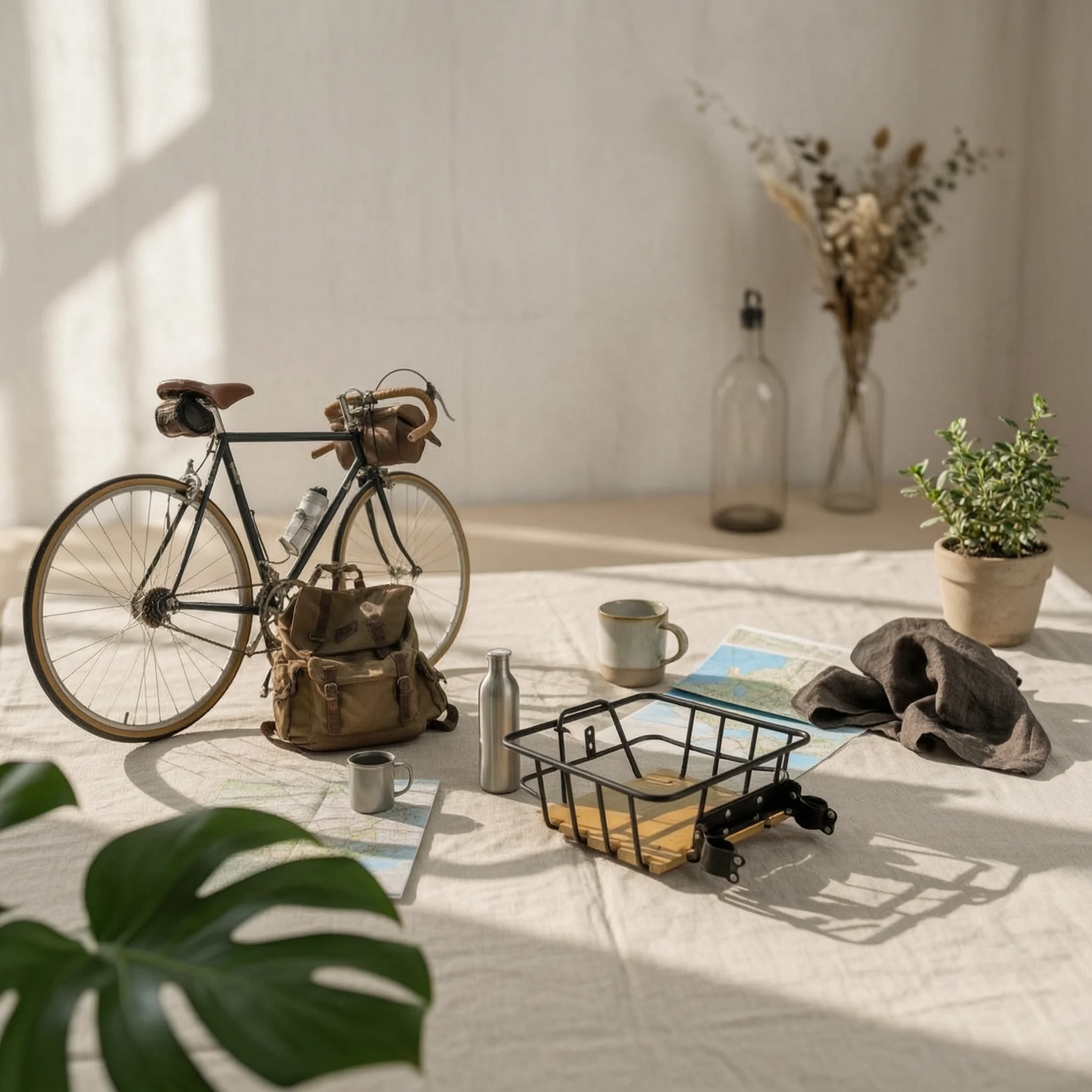 Front Bike Basket with Wood Base Rectangular Wire Bike Basket with Cup Holder Natural Rustic for Commuters, Commuting