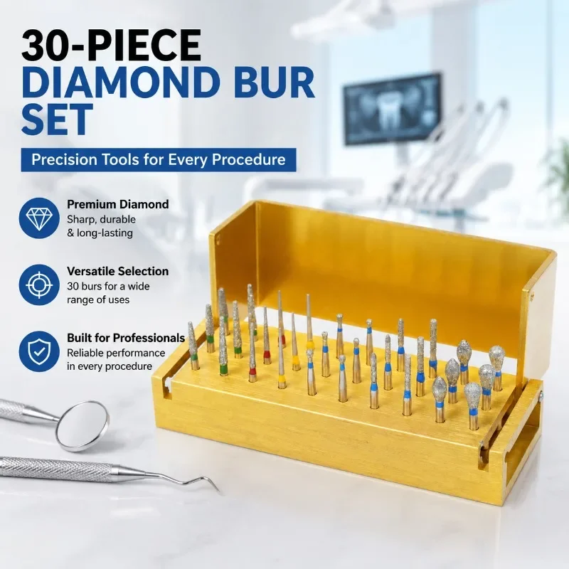 Thirty Pieces High Speed Dental Bur Kit Diamond Polishing Needle Set Stomatology Grinding Accessory with Storage Holder Clinical
Thirty Pieces High Speed Dental Bur Kit Diamond Polishing Needle Set Stomatology Grinding Accessory with Storage Holder Clinical
