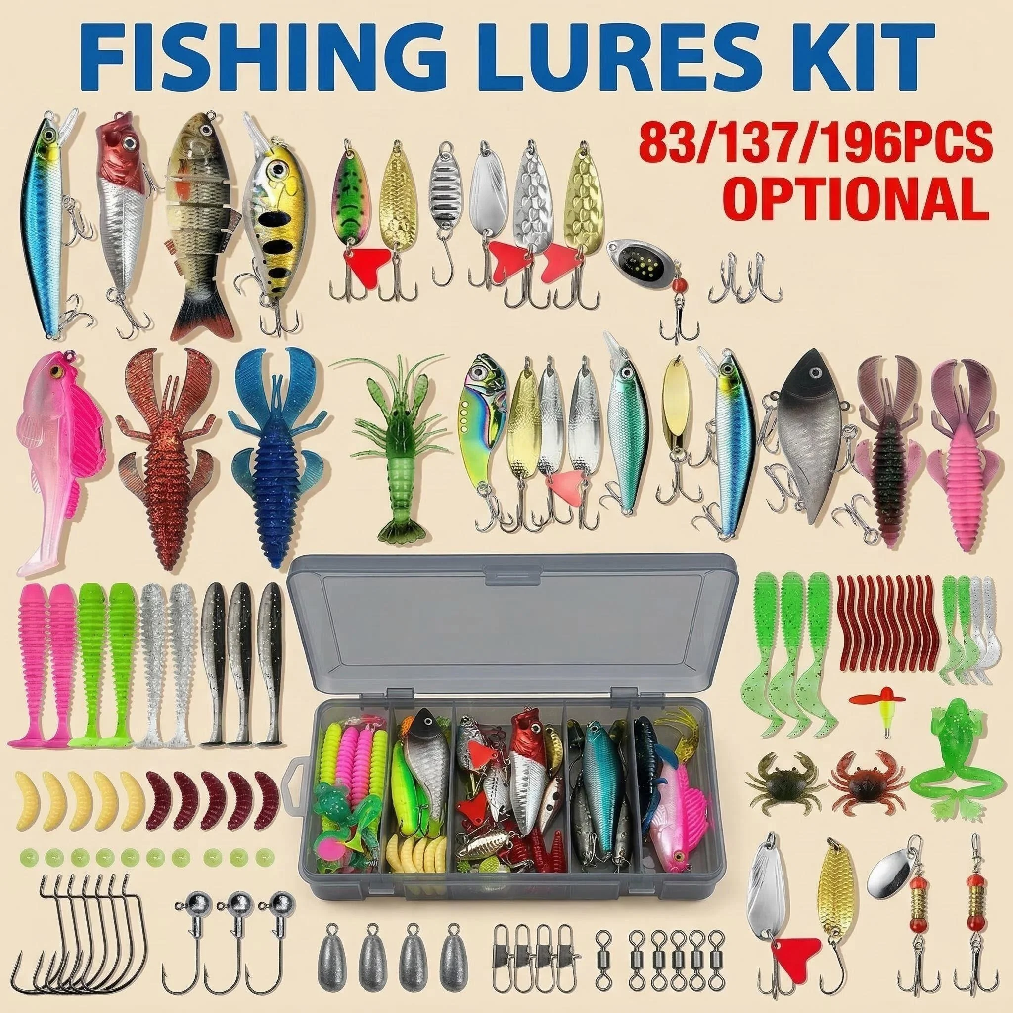 Fishing Lure Kit 83/137/193pcsFor Trout Pike Bass Multi Lure Set With Soft Lure Metal Spoons Minnow Crankbait Layered Tackle Box
Fishing Lure Kit 83/137/193pcsFor Trout Pike Bass Multi Lure Set With Soft Lure Metal Spoons Minnow Crankbait Layered Tackle Box
