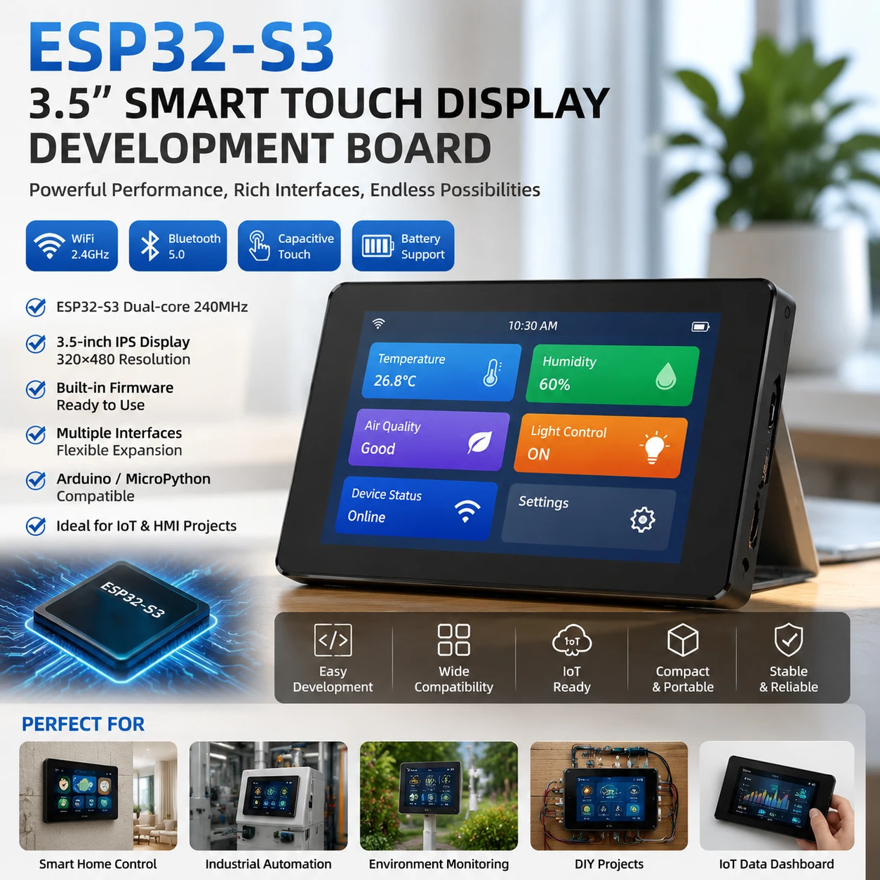 Waveshare ESP32-S3 3.5inch Capacitive Touch Display Development Board, 32-Bit LX7 Dual-Core Processor, Up to 240MHz Frequency
Waveshare ESP32-S3 3.5inch Capacitive Touch Display Development Board, 32-Bit LX7 Dual-Core Processor, Up to 240MHz Frequency