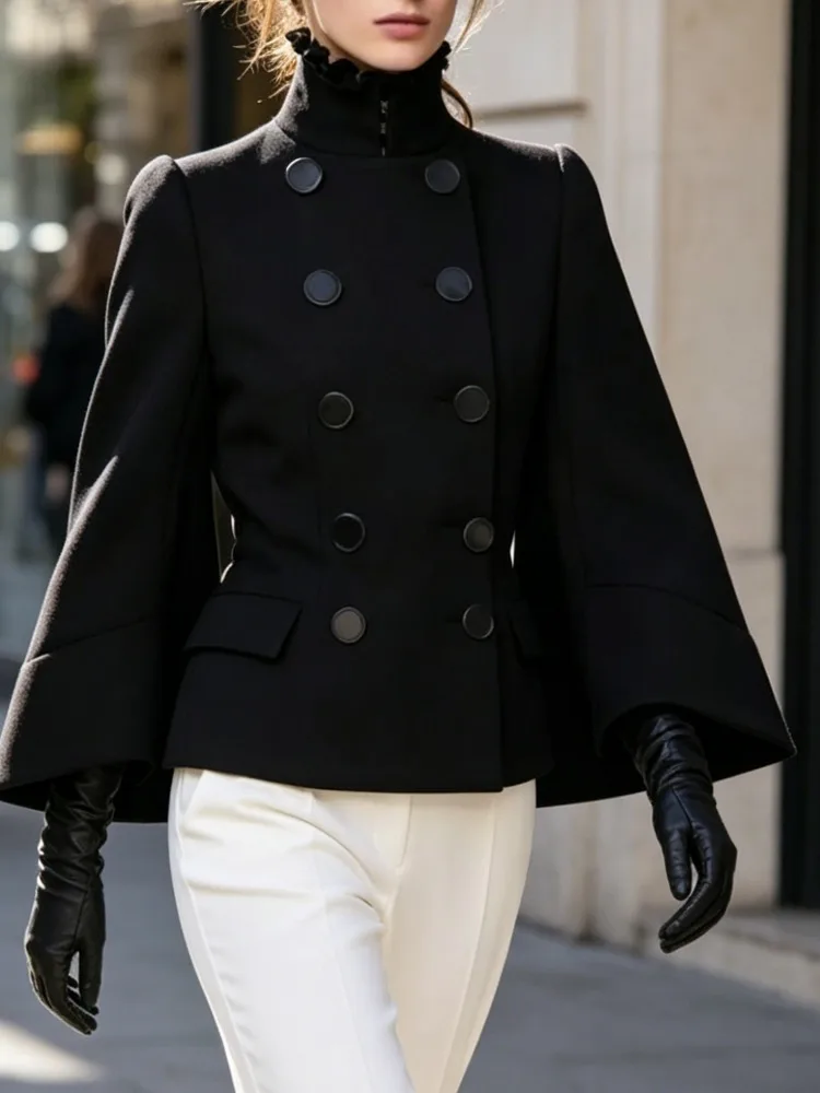 British Double-Breasted Jackets for Women Fashion Loose A-line Flared Sleeves High Neck Classical Ladies Black Outerwears
British Double-Breasted Jackets for Women Fashion Loose A-line Flared Sleeves High Neck Classical Ladies Black Outerwears