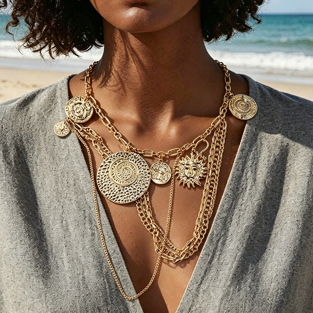 2026 New Multilayer Metal Chains Geometric Coin Sun Pendant Necklace for Women Fashion Holiday Party Jewelry Gifts
2026 New Multilayer Metal Chains Geometric Coin Sun Pendant Necklace for Women Fashion Holiday Party Jewelry Gifts