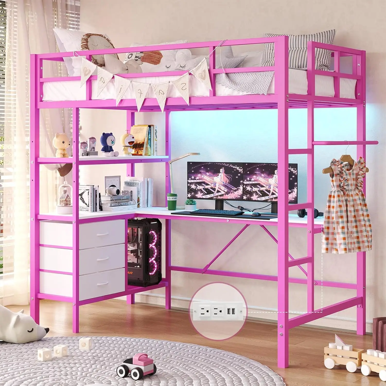 Loft Bed Twin Size With L-Shaped Desk, Led Lights And Charging Station Twin Metal Loft Bed Frame With 3 Storage Shelves And 3
Loft Bed Twin Size With L-Shaped Desk, Led Lights And Charging Station Twin Metal Loft Bed Frame With 3 Storage Shelves And 3