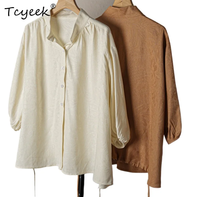 Tcyeek 100% Mulberry Silk Spring Summer Solid Color Loose Stand Up Collar with Seven Quarter Sleeves Women's Shirts חולצותנשים
Tcyeek 100% Mulberry Silk Spring Summer Solid Color Loose Stand Up Collar with Seven Quarter Sleeves Women's Shirts חולצותנשים