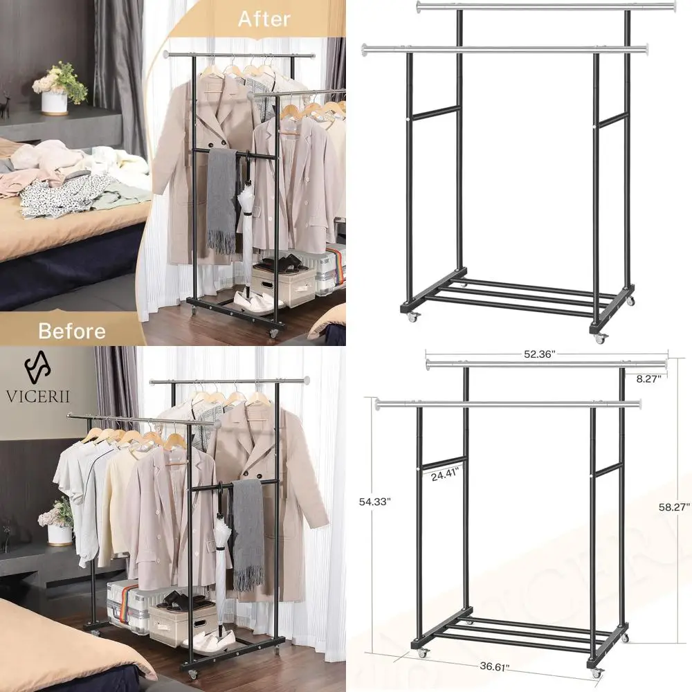 Heavy-Duty Double Clothing Rack with Wheels and Wide Bottom Shelf, Holds 130LB, 52.36'' Black
Heavy-Duty Double Clothing Rack with Wheels and Wide Bottom Shelf, Holds 130LB, 52.36'' Black
