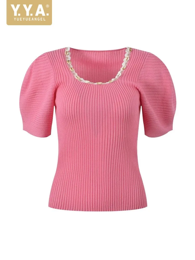 Summer Women Shell Beading Knitted Top Slim Fit Short Puff Sleeve O Neck Elegant Ladies Knitwear T-Shirt Casual Pullover Tees
Summer Women Shell Beading Knitted Top Slim Fit Short Puff Sleeve O Neck Elegant Ladies Knitwear T-Shirt Casual Pullover Tees