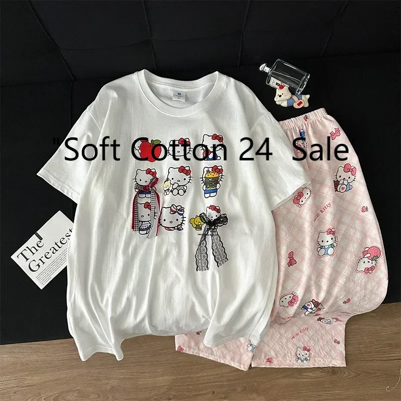 Summer new white round neck pure cotton cartoon Hello Kitty pajamas women's short sleeves and trousers cute casual loungewear
Summer new white round neck pure cotton cartoon Hello Kitty pajamas women's short sleeves and trousers cute casual loungewear